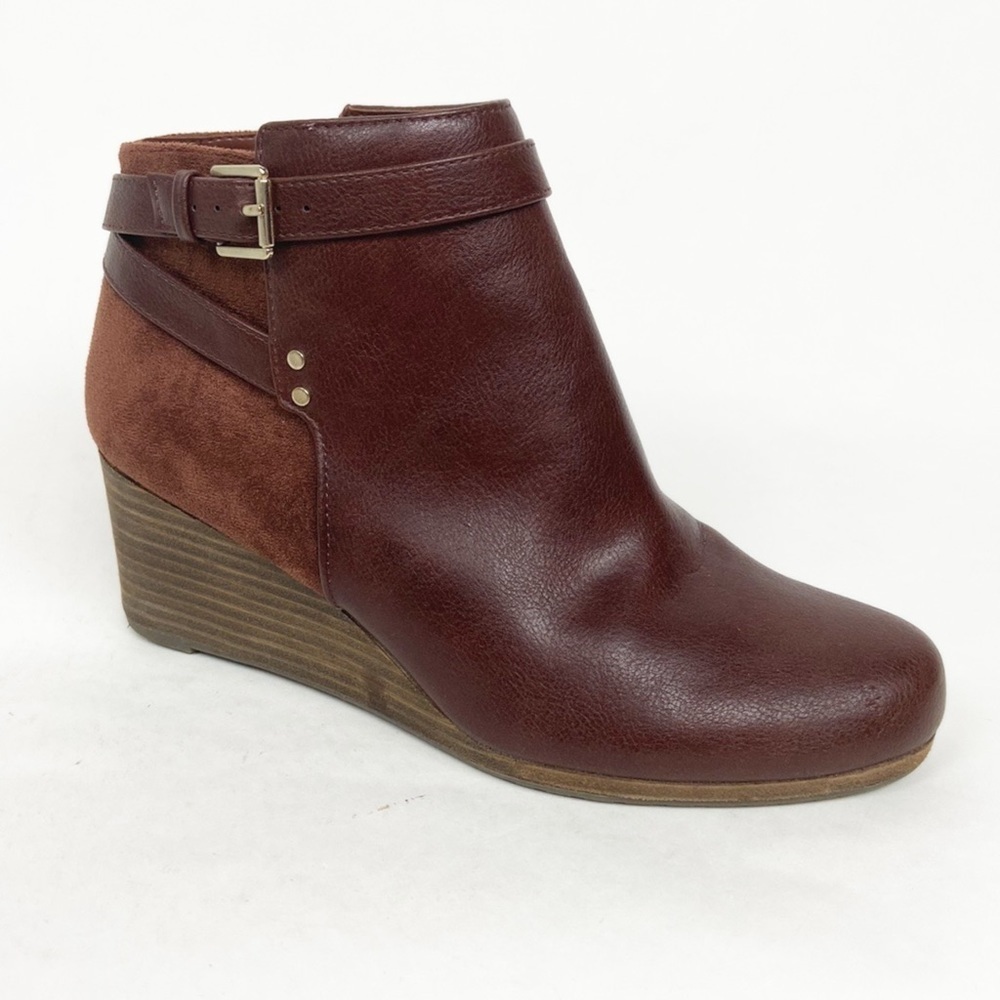 Dr. Scholls Cool Fit Memory Foam Double Vegan Leather Faux Suede Wedge Bootie